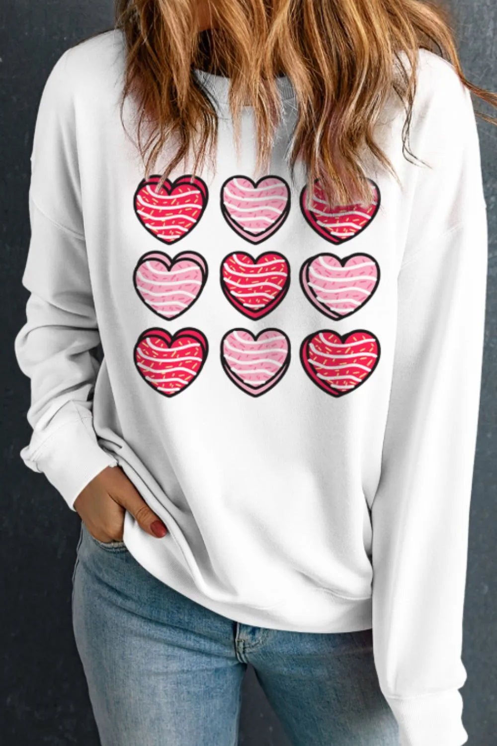 Valentine's Day Heart Round Neck Long Sleeve Sweatshirt - Lilixa.store
