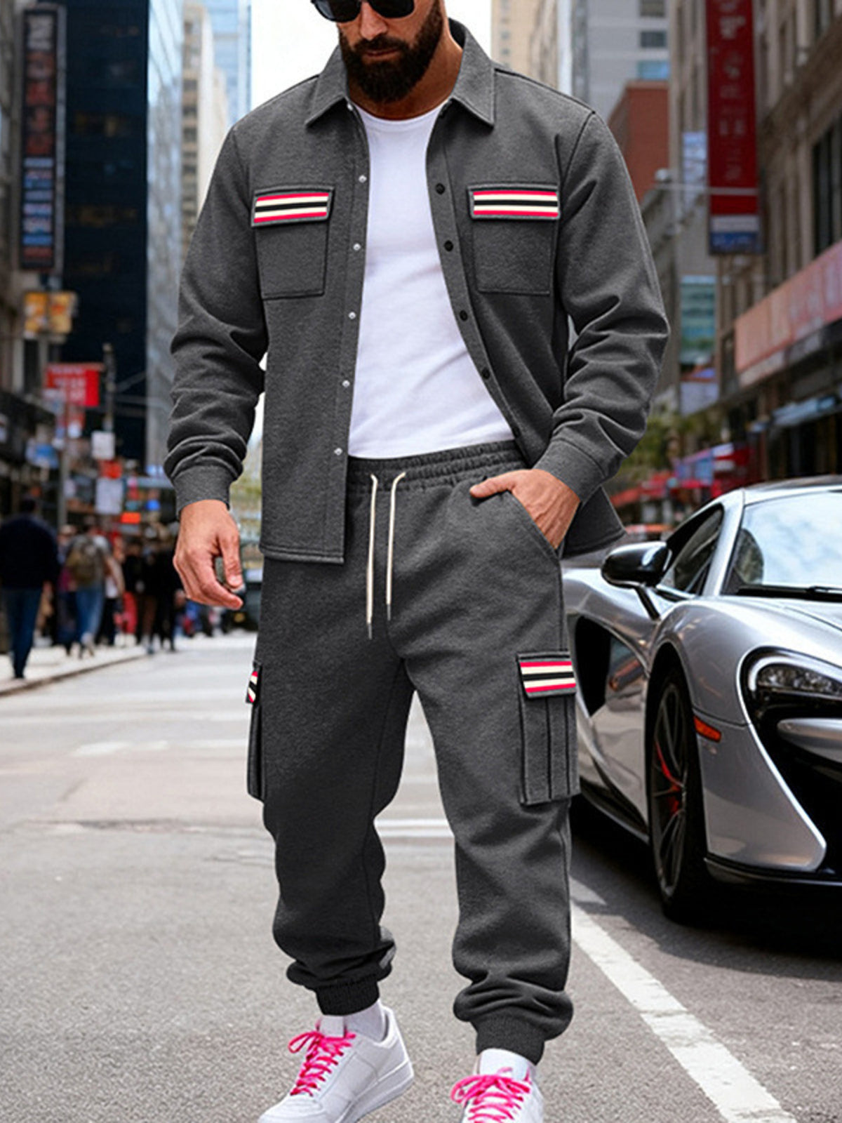 Men's Full Size Collared Neck Shacket and Pants Set Plus Size