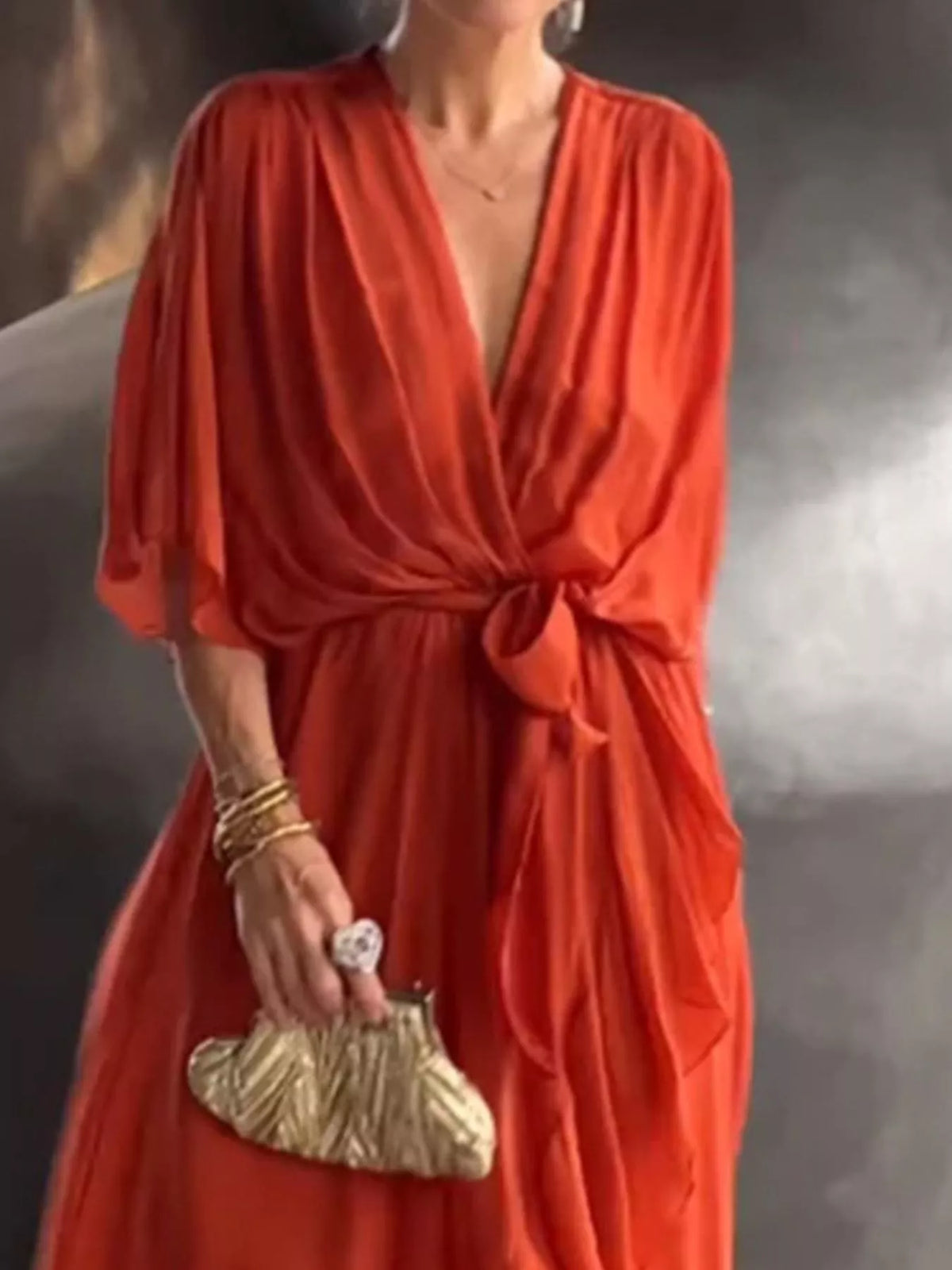 Full Size Chiffon Wrap Dress with Flutter Sleeves Plus Size - Lilixa.store