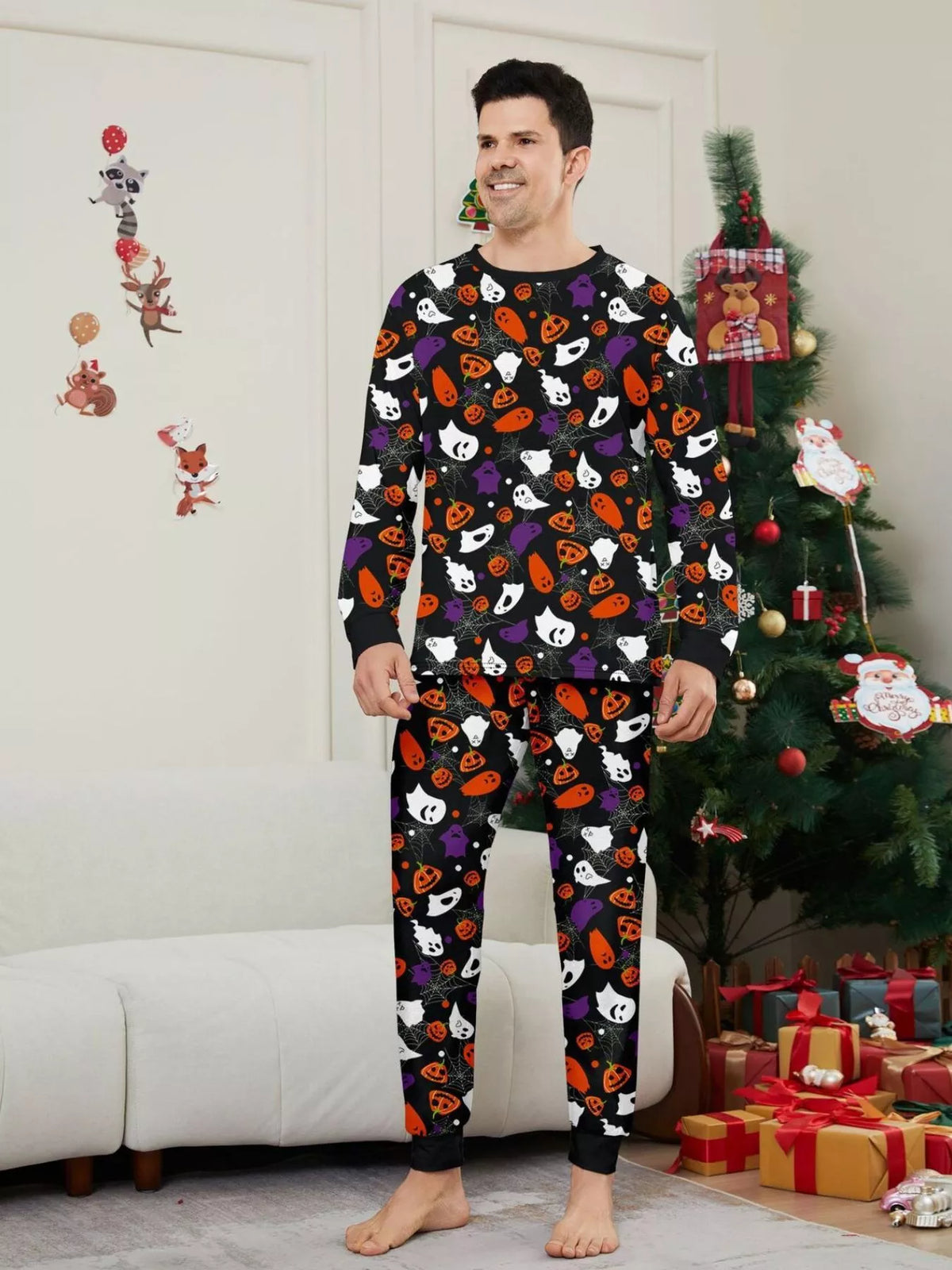 Full Size Halloween Themed Family Matching Pajama Set with Ghost and Pumpkin Print Plus Size