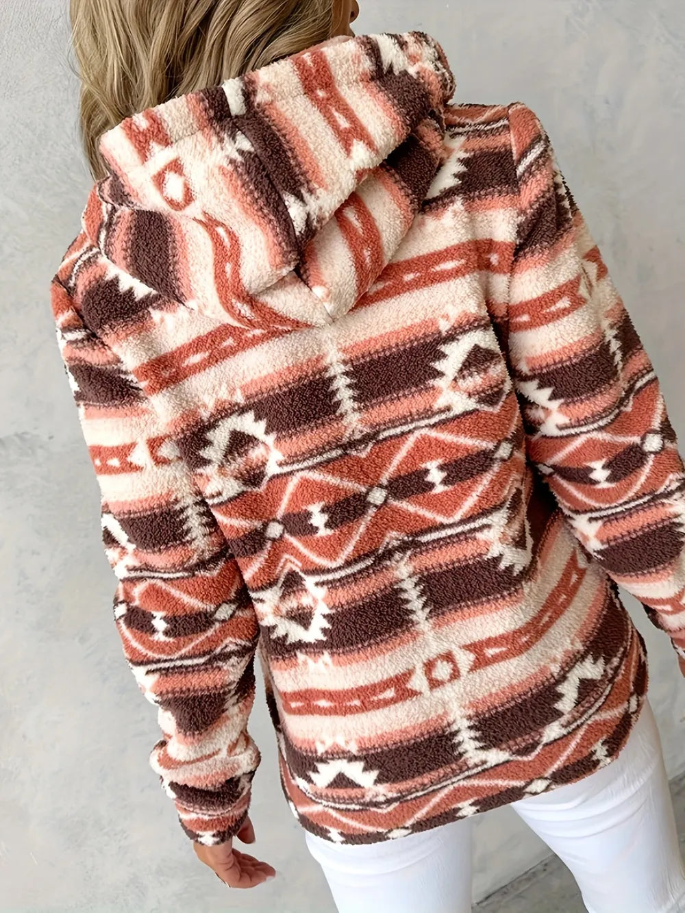 Geometric Zip Up Long Sleeve Hooded Jacket in Brown, view 3