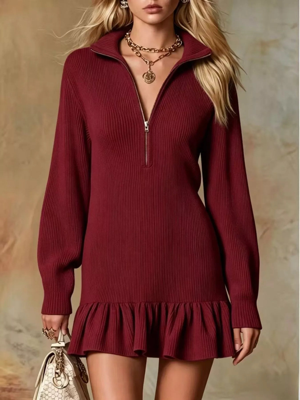 Ruffle Hem Half Zip Dress - Lilixa.store