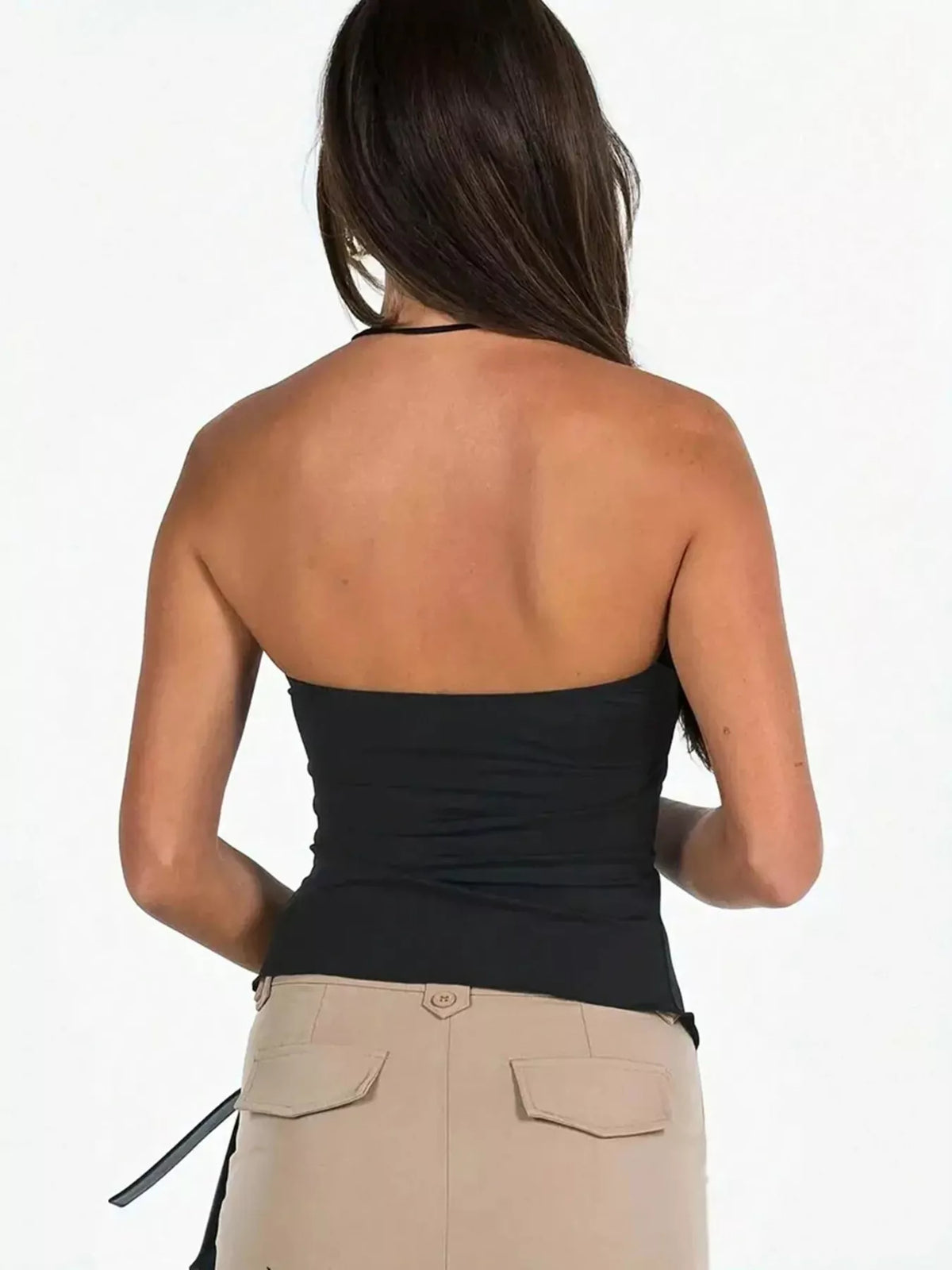 Strapless Ruched Drawstring Cami Top in Black, view 4