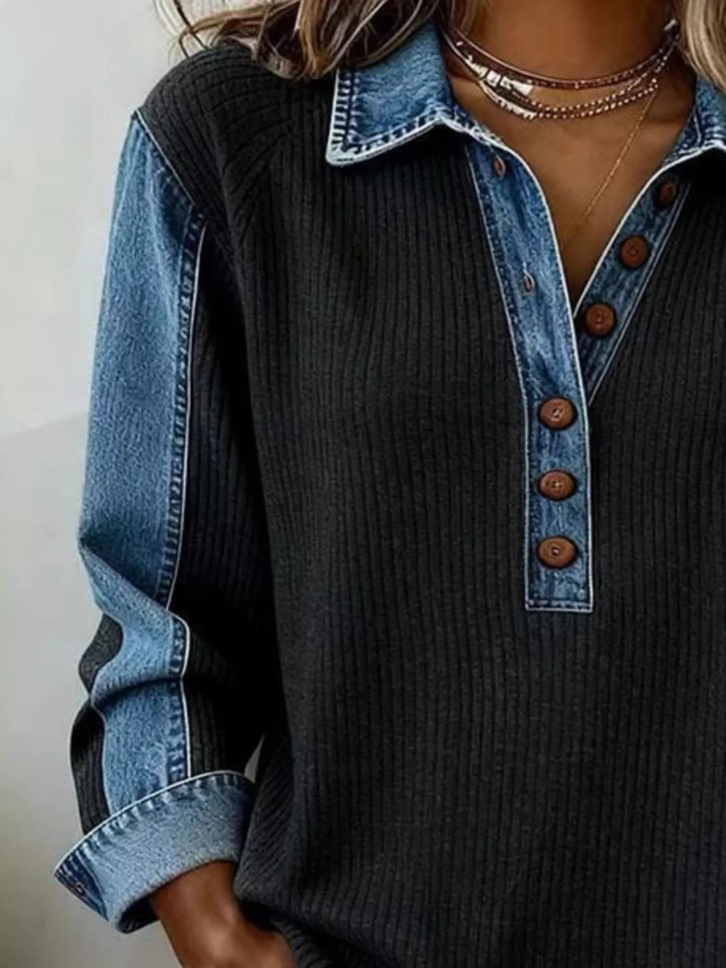 Denim Trim Button Detail Sweatshirt - Lilixa.store