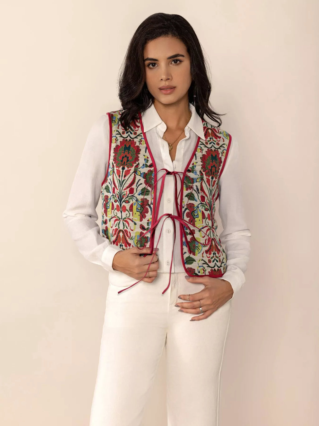 Floral Embroidered Tie-Front Vest Coat - Lilixa.store