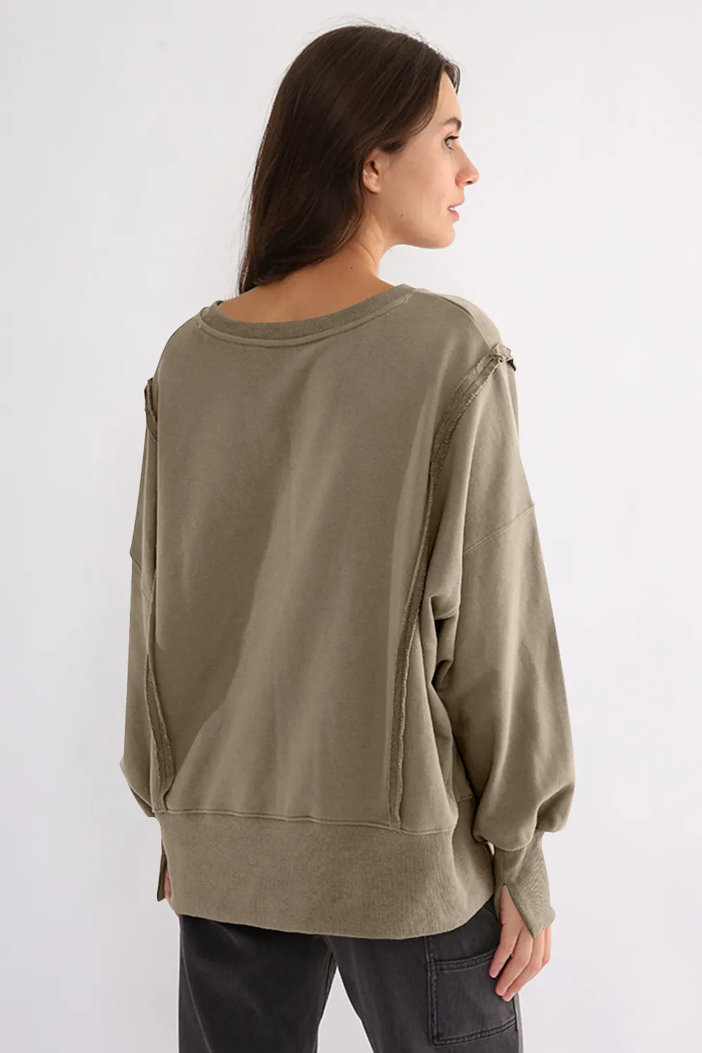 Exposed Seam High-Low Long Sleeve Sweatshirt - Lilixa.store