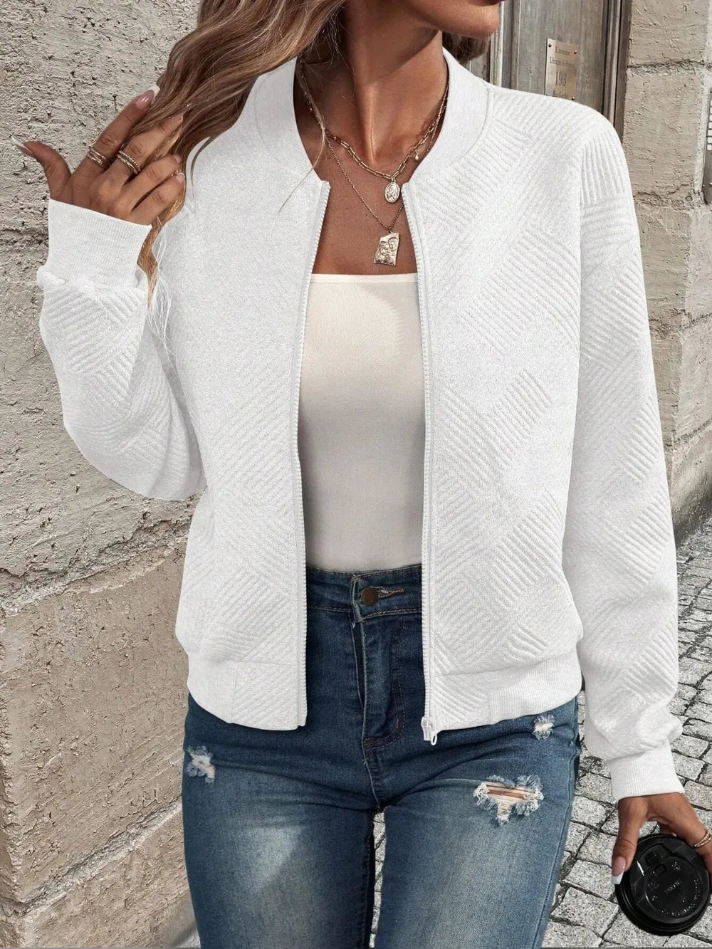 Textured Zip Up Long Sleeve Jacket, view 6
