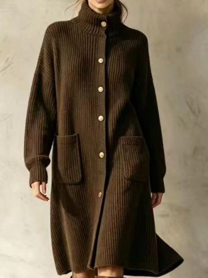 Ribbed Knit Turtleneck Button Up Longline Cardigan in Dark Brown