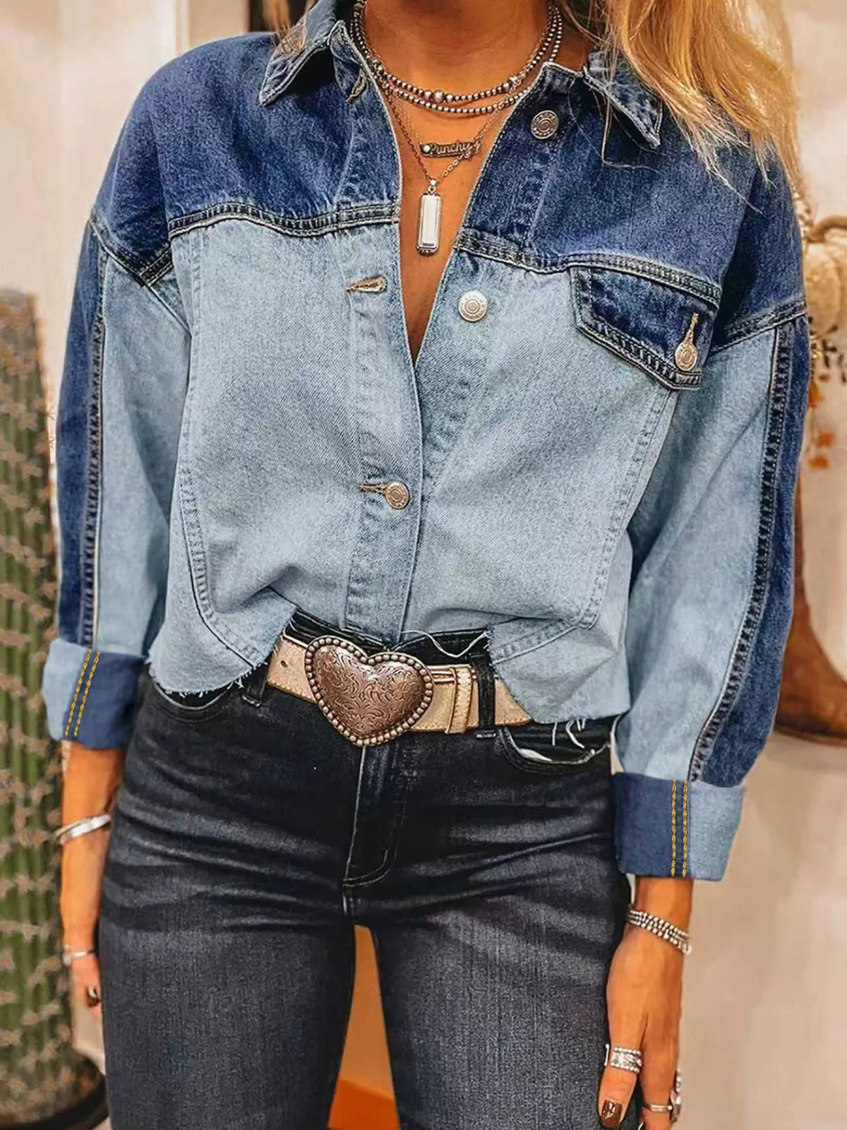 Raw Hem Two-Tone Denim Jacket