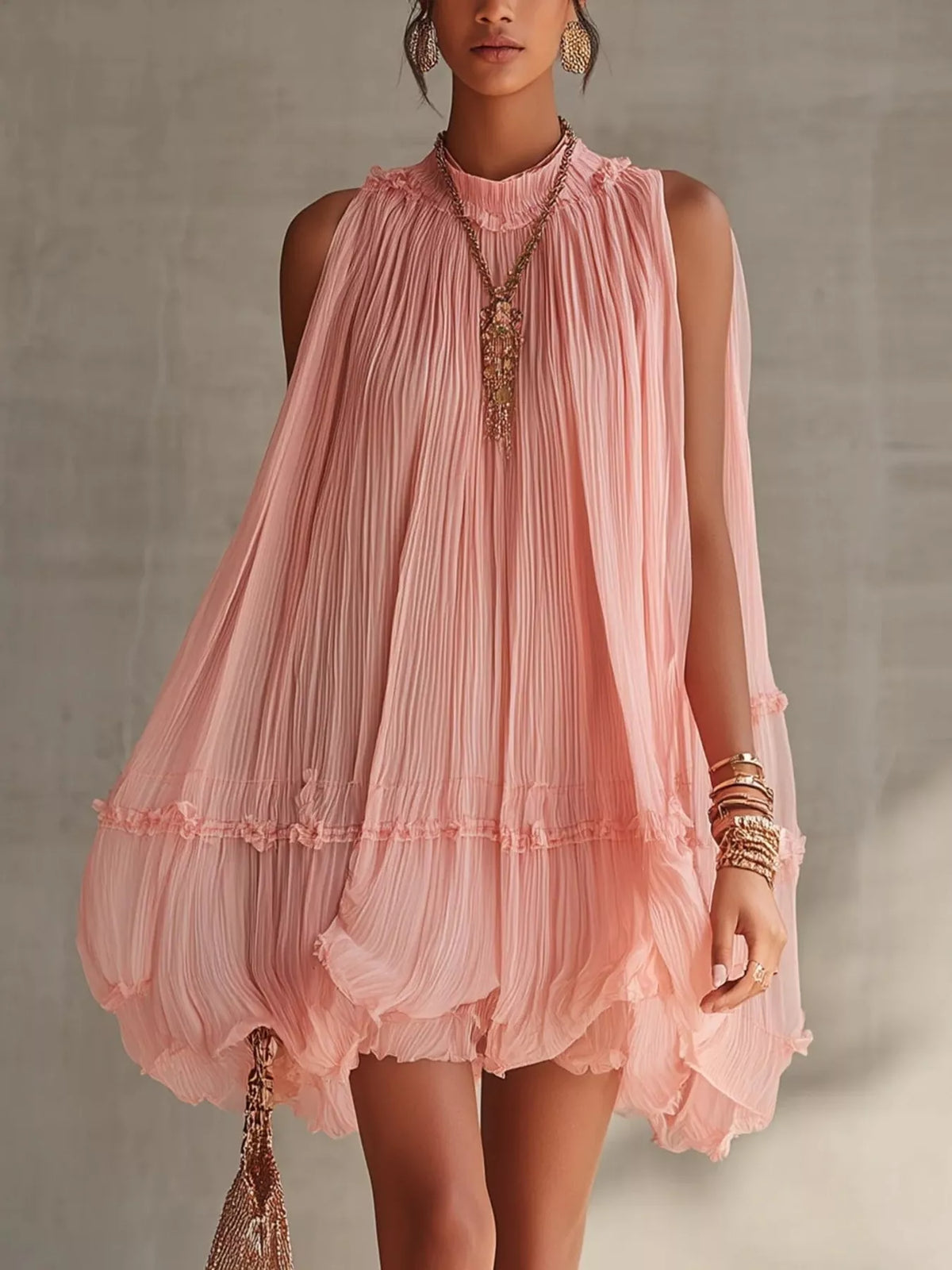 Pleated Mock Neck Sleeveless Mini Dress