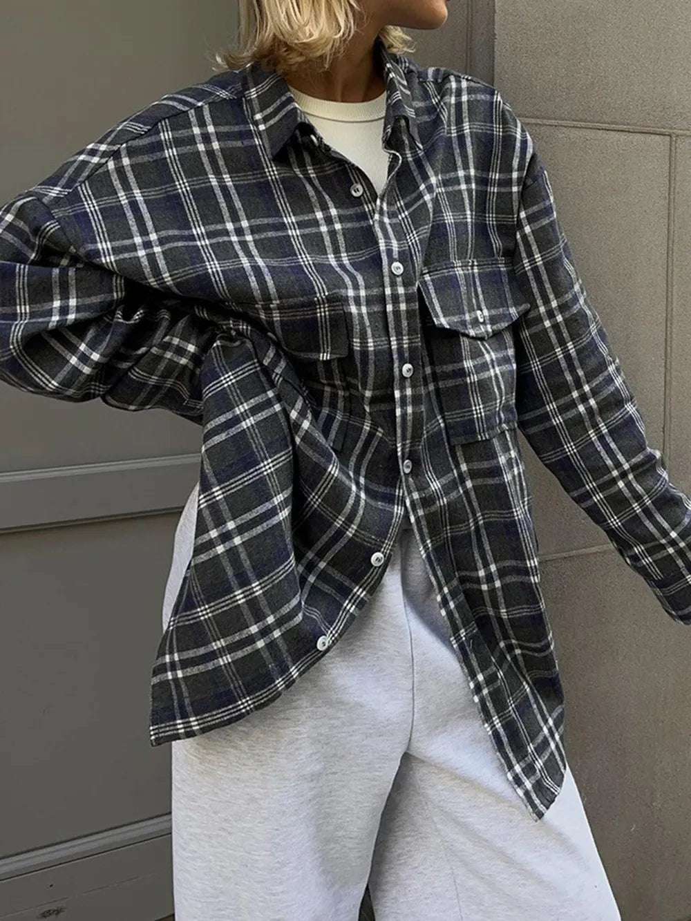 Pocketed Plaid Button Up Shacket, view 4