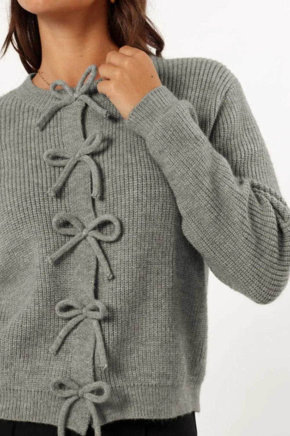 Bow Round Neck Long Sleeve Cardigan - Lilixa.store