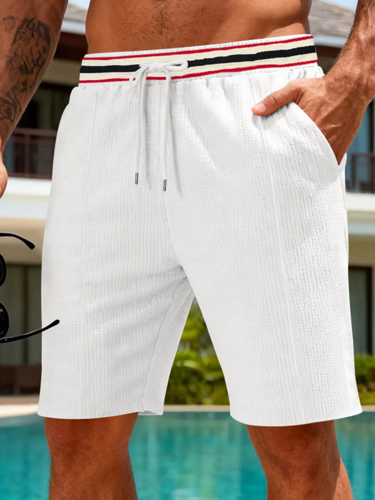 Men's Full Size Casual Textured Drawstring Shorts Plus Size in Gray/white