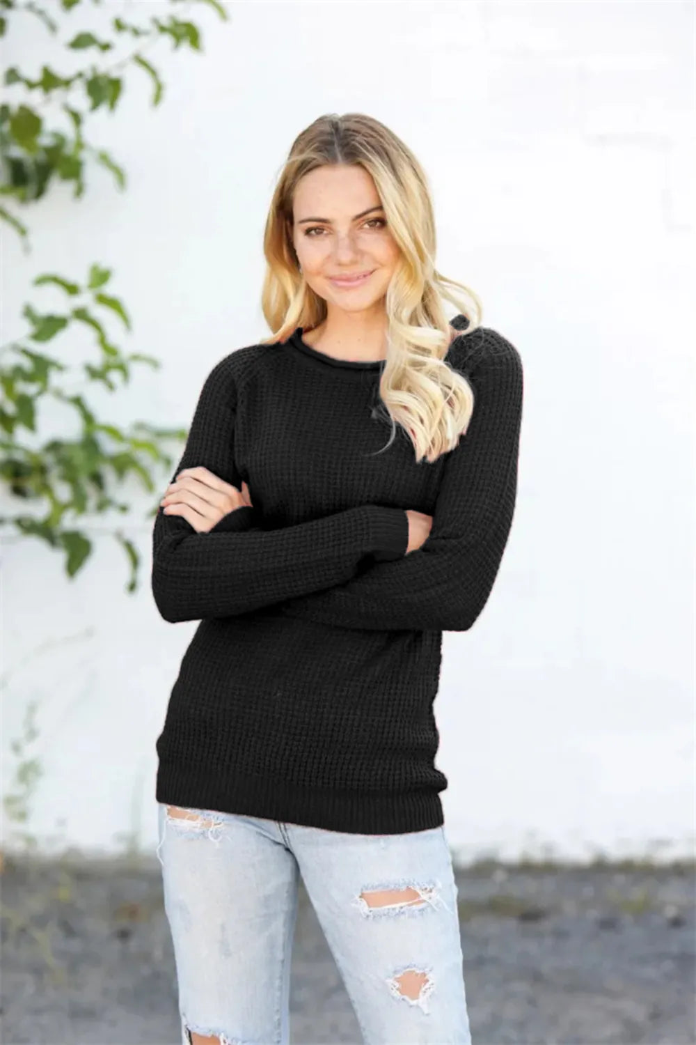 Round Neck Raglan Sleeve Sweater - Lilixa.store