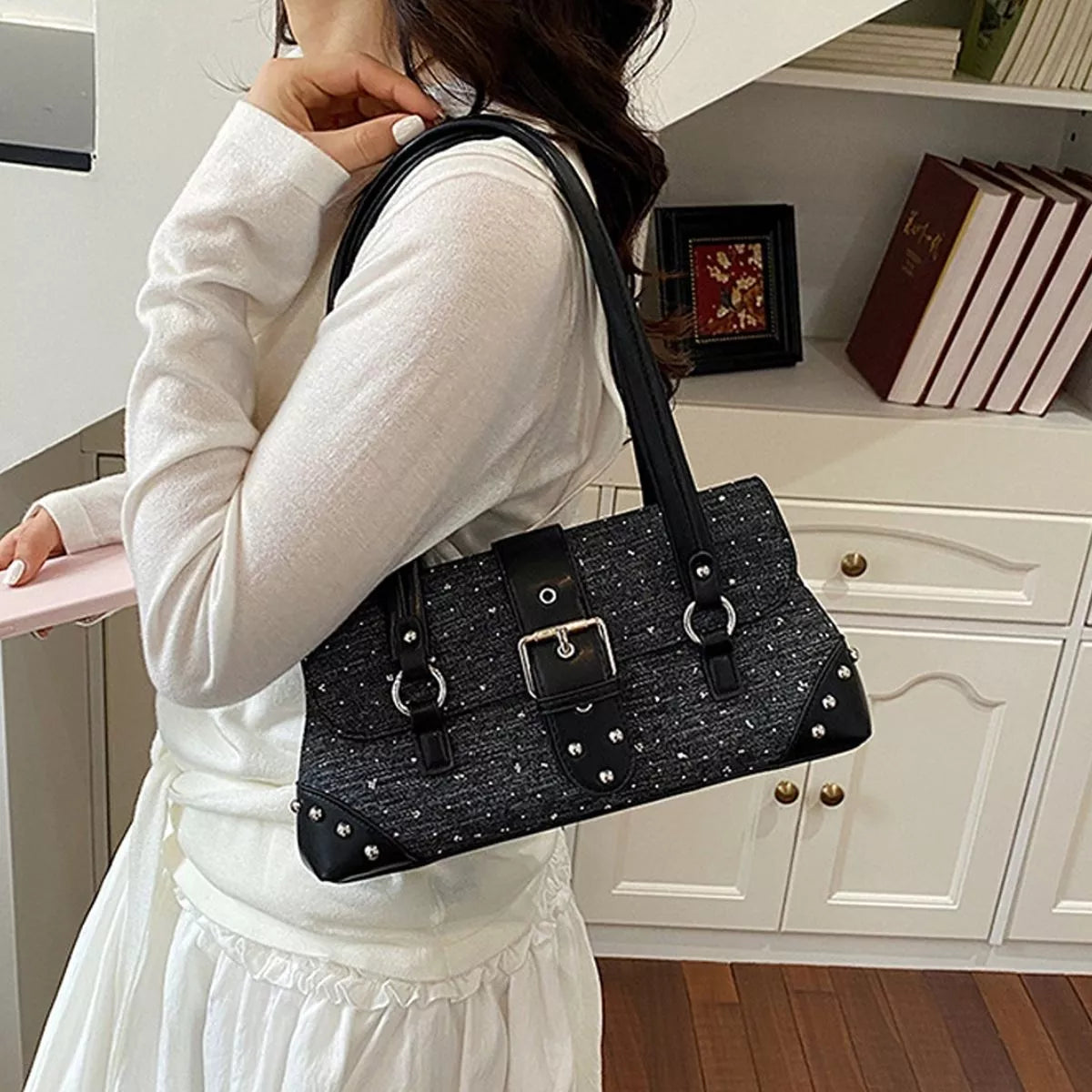 Studded Shoulder Bag with Buckle Detail - Lilixa.store