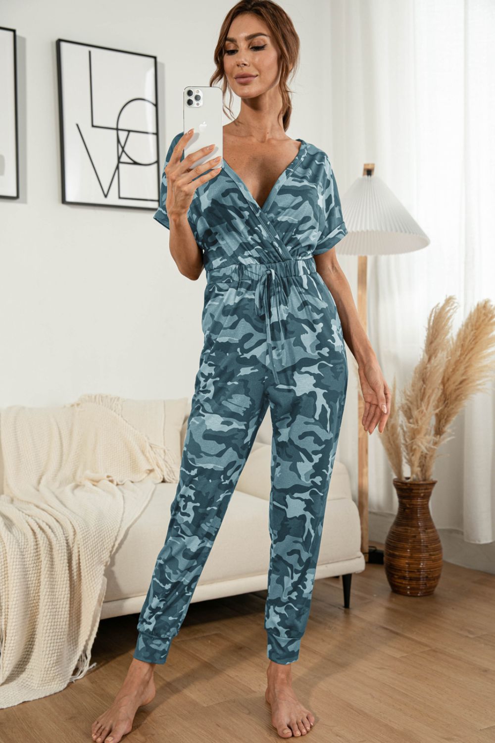 Surplice Neck Tied Short Sleeve Jumpsuit - Lilixa.store