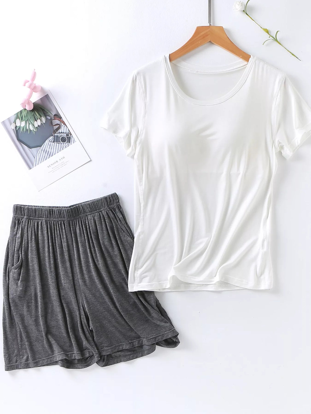 Plus Size Padded Round Neck Modal T-Shirt and Shorts Set - Lilixa.store