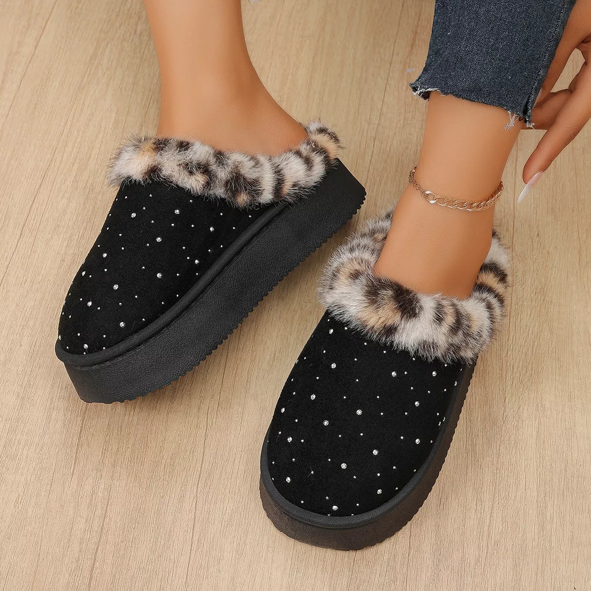 Rhinestone Faux Fur Platform Slippers - Lilixa.store