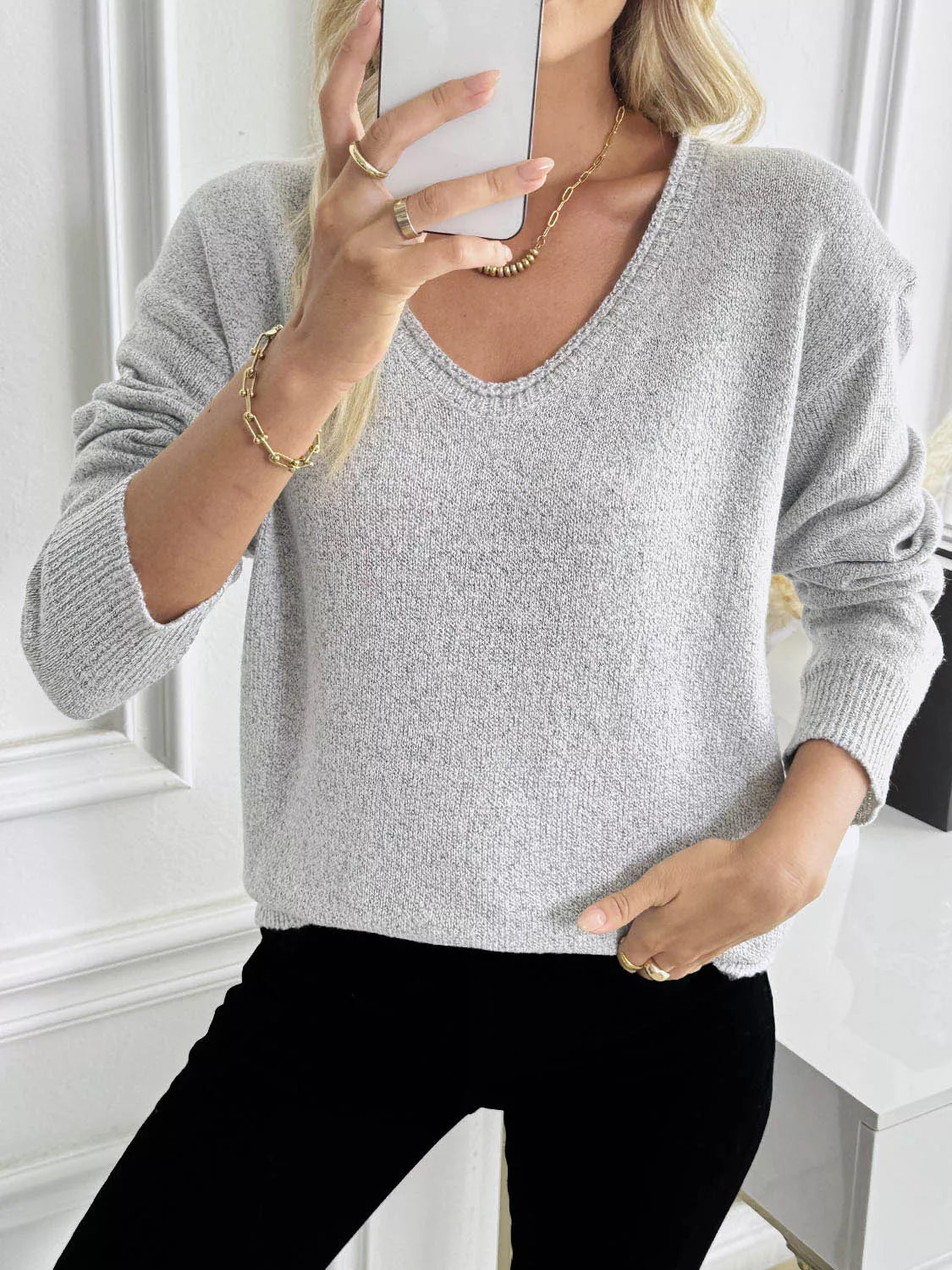 V-Neck Long Sleeve Knit Top - Lilixa.store
