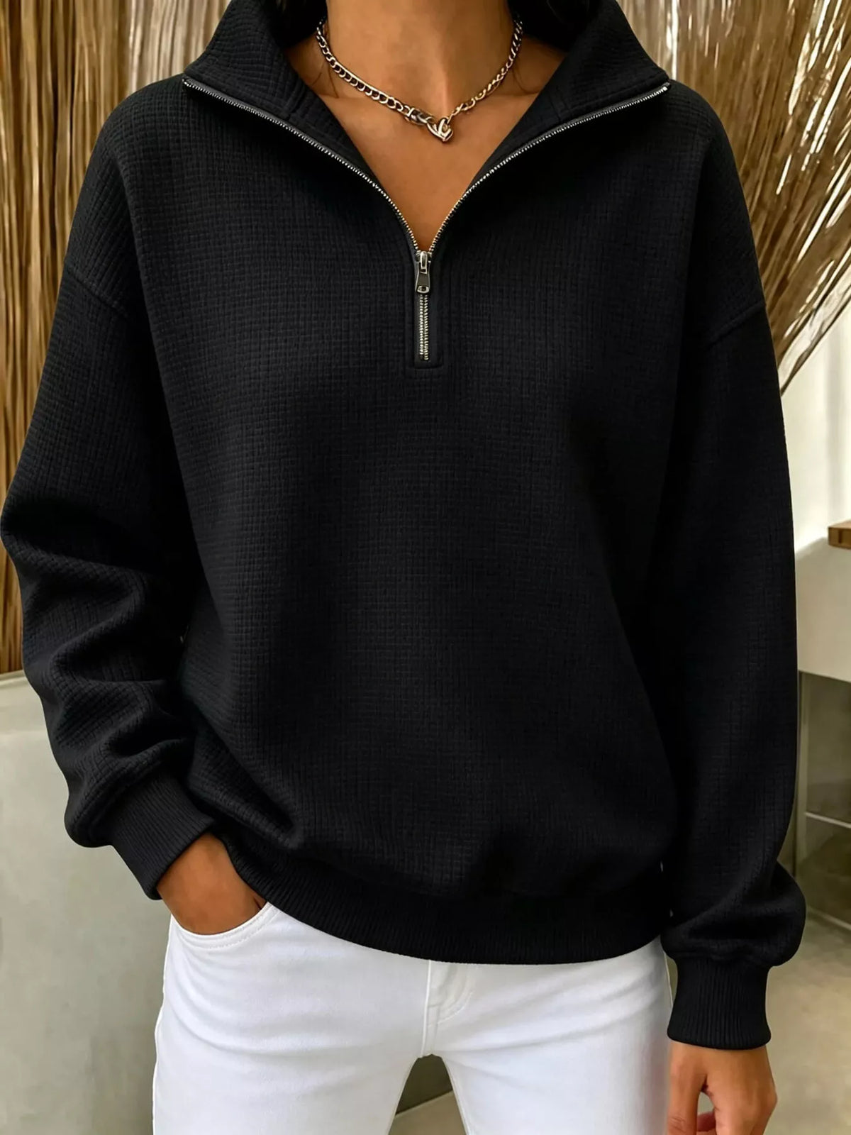 Full Size Waffle Knit Quarter-Zip Sweatshirt Plus Size - Lilixa.store