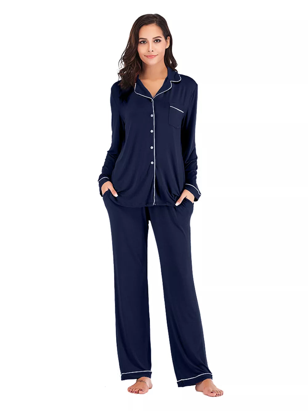 Collared Neck Long Sleeve Loungewear Set with Pockets - Lilixa.store