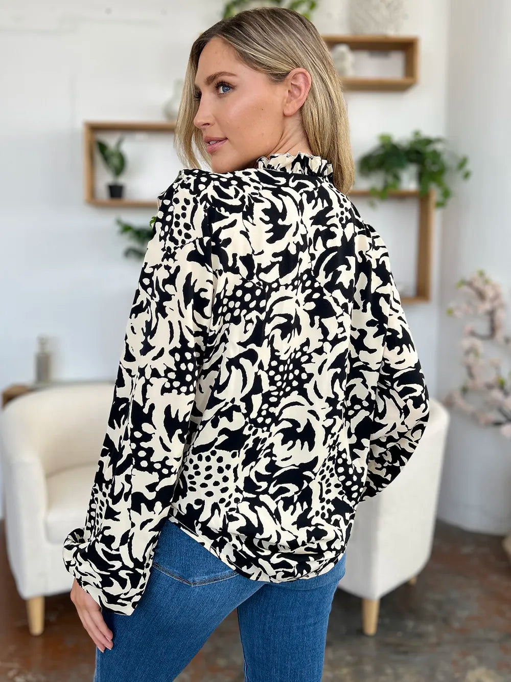 Double Take Full Size Printed Ruffle Trim Balloon Sleeve Shirt - Lilixa.store