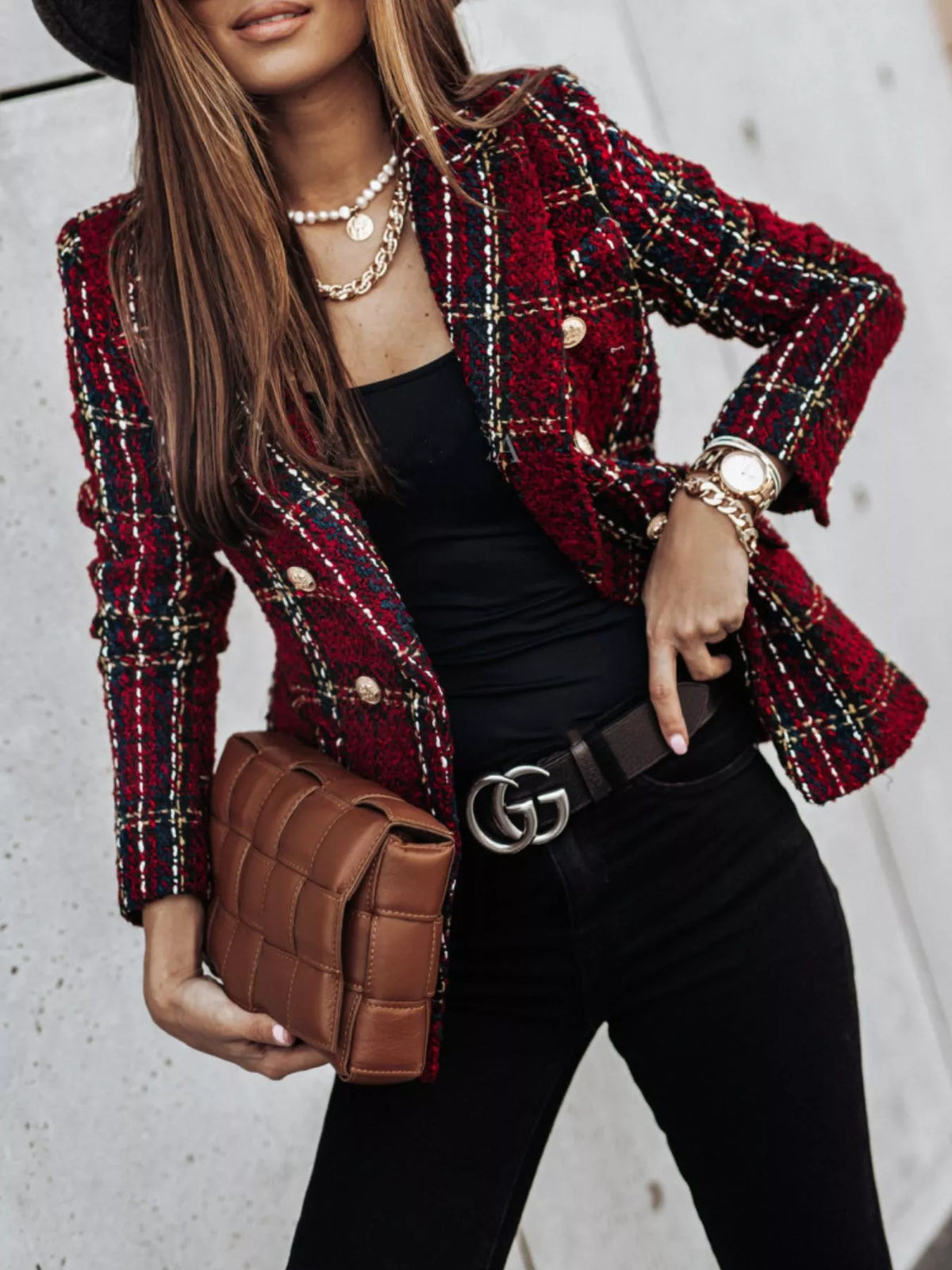 Full Size Plaid Tweed Double-Breasted Blazer Plus Size - Lilixa.store