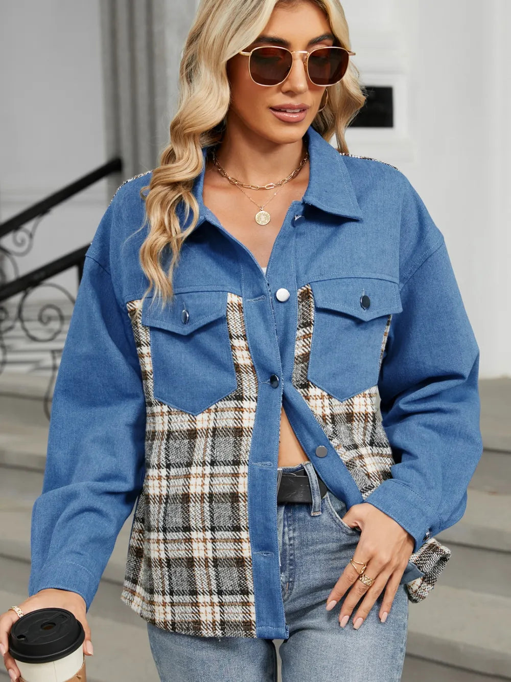 Plaid Button Up Long Sleeve Denim Jacket in Dusty Blue, view 5