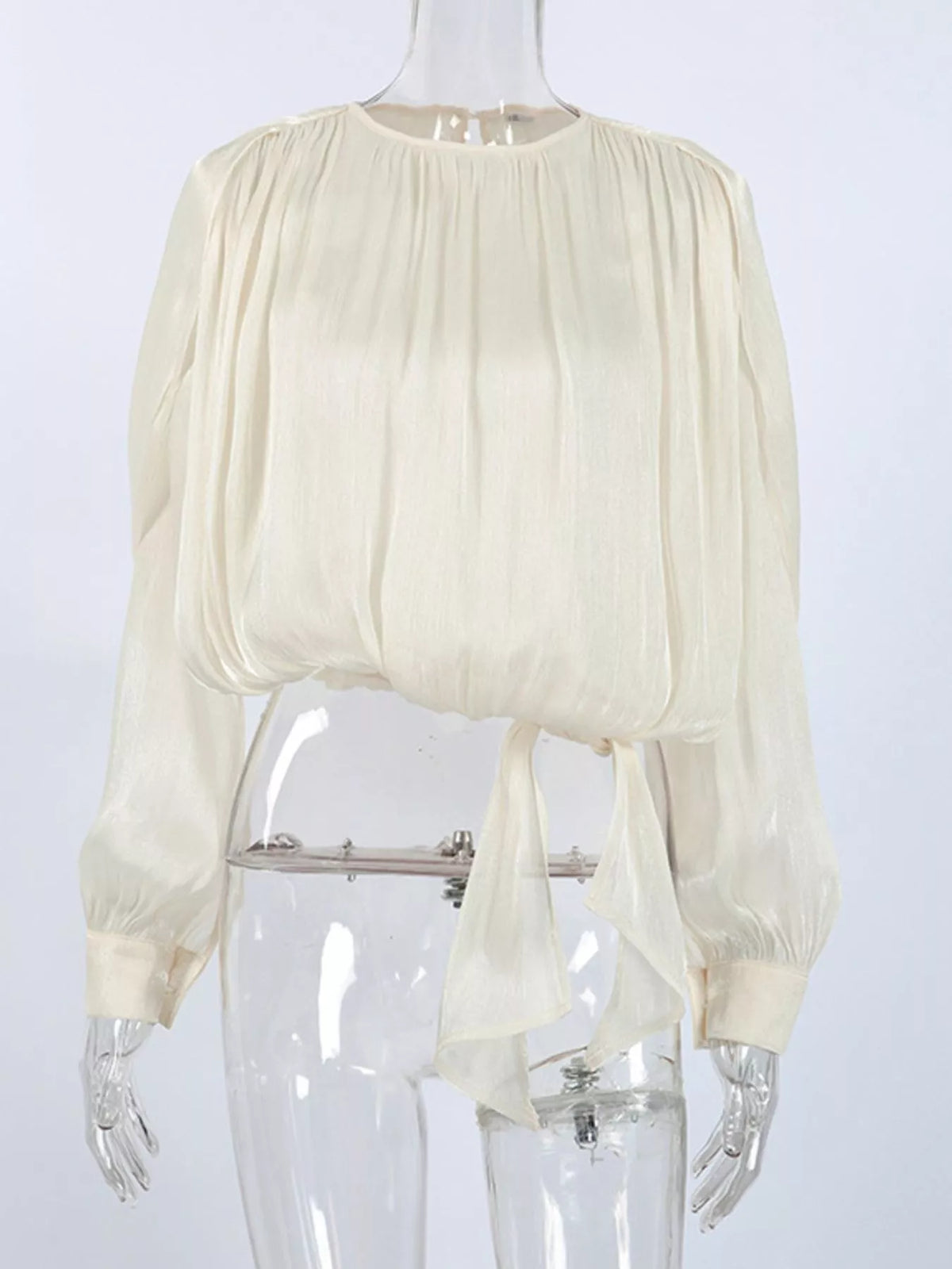 Metallic Sheen Blouse with Tie Detail in Beige, view 5