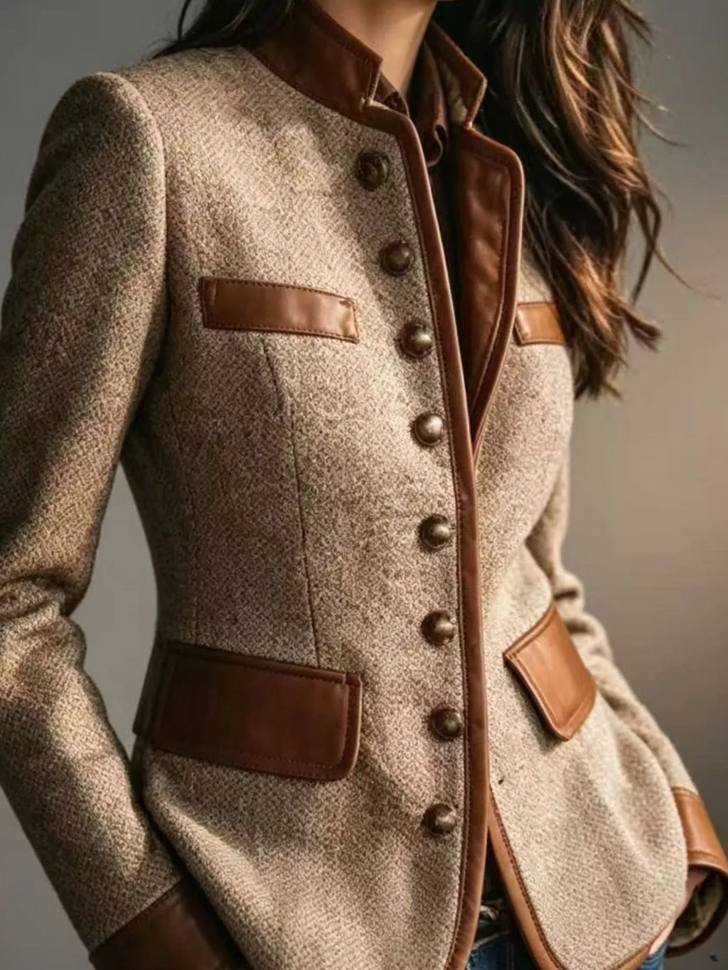 Full Size Contrast Trim Tweed Outerwear Plus Size - Lilixa.store