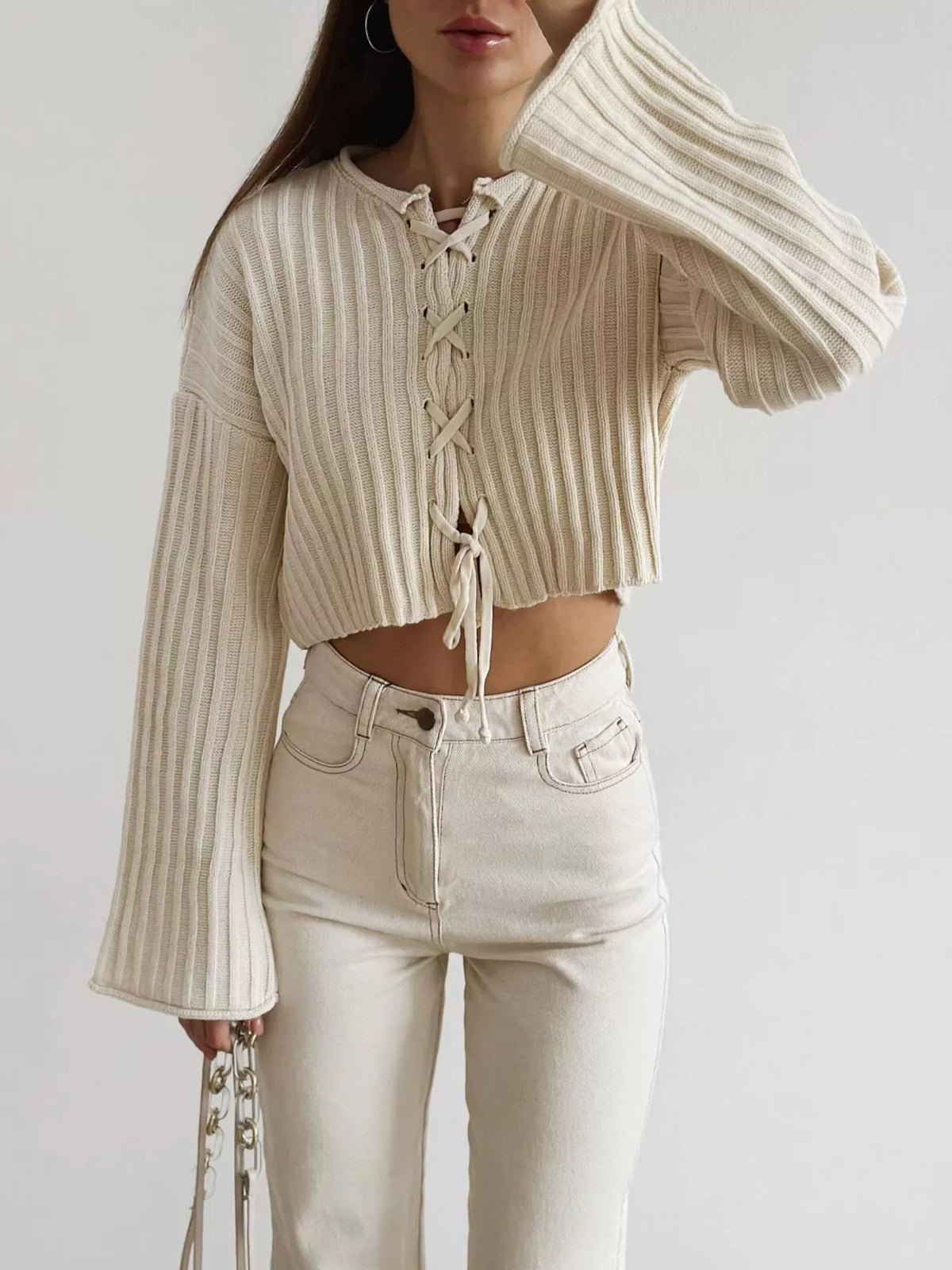Ribbed Lace-Up Crop Sweater in Apricot