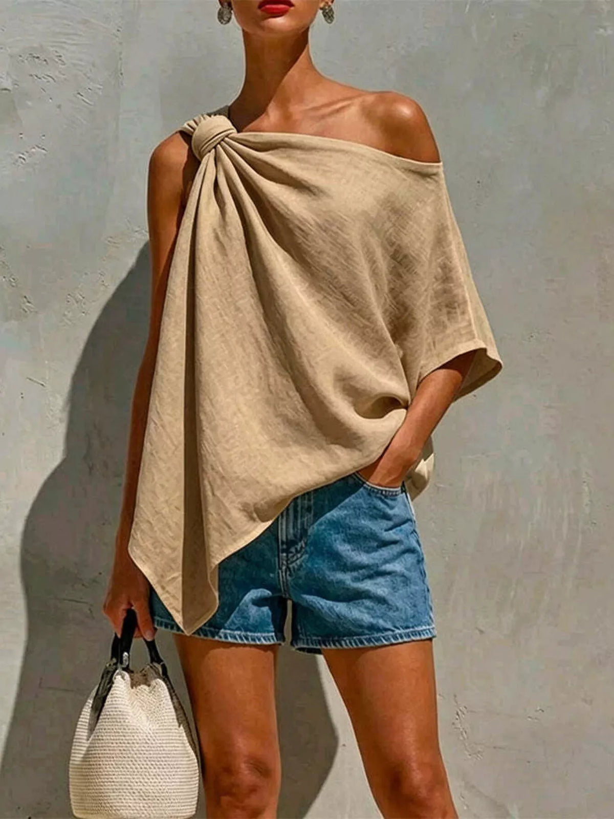 Full Size One-Shoulder Knot Detail Blouse Plus Size - Lilixa.store