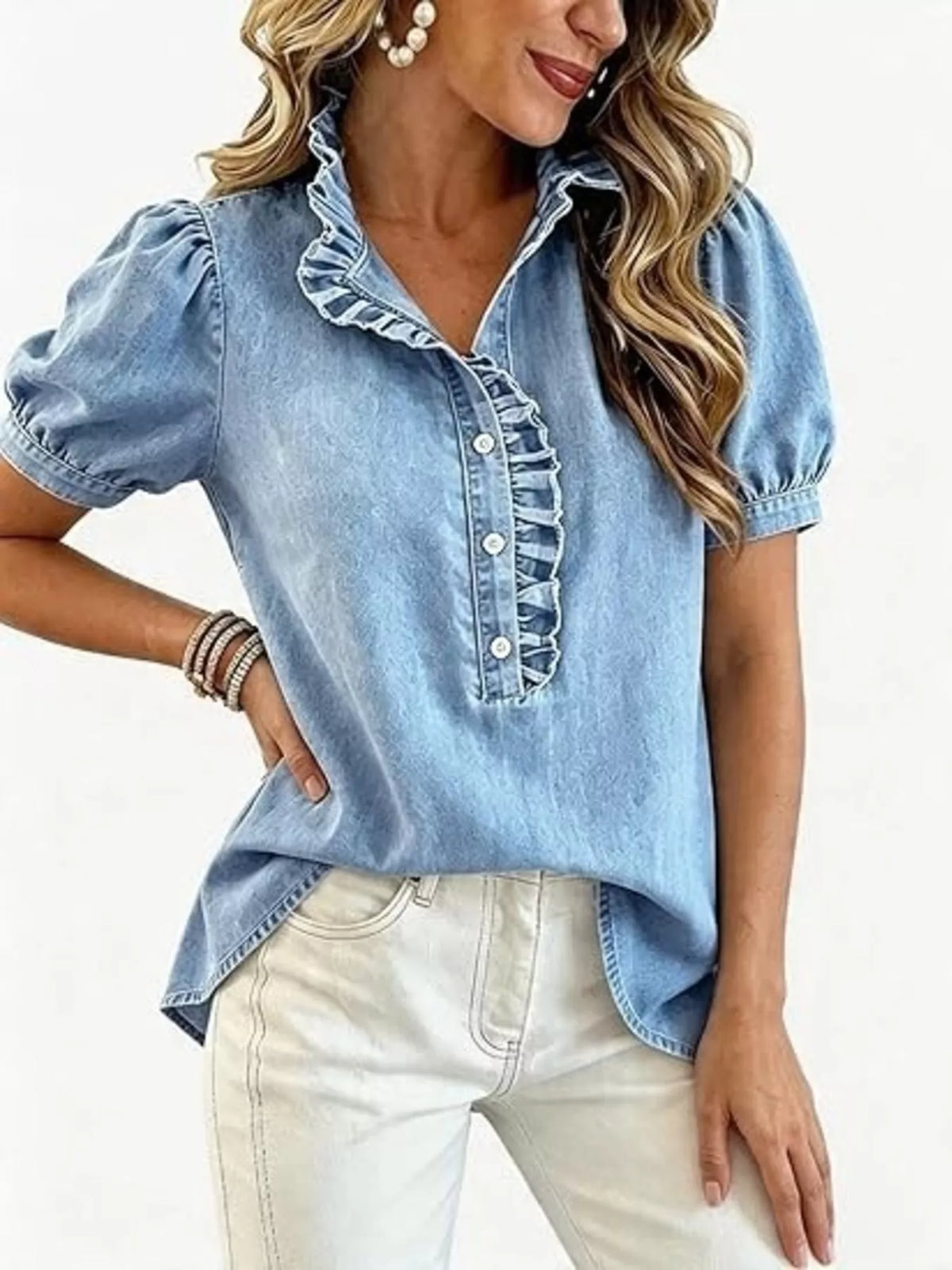 Frill Puff Sleeve Denim Top - Lilixa.store