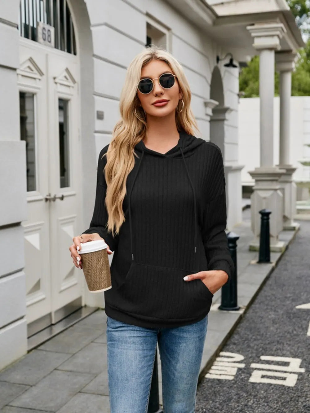 Ribbed Drawstring Long Sleeve Hoodie - Lilixa.store