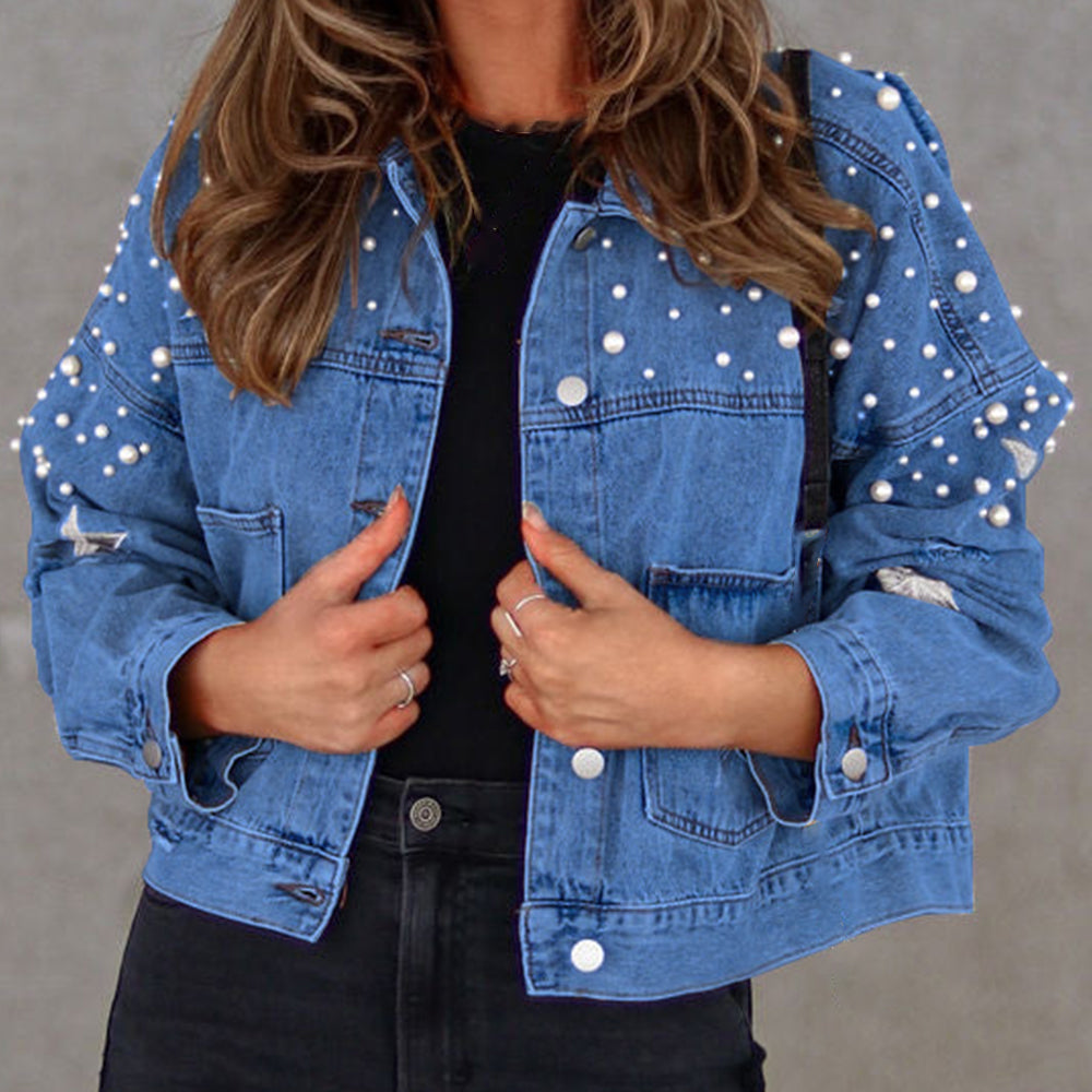 Bead Detail Denim Jacket in Black, view 4