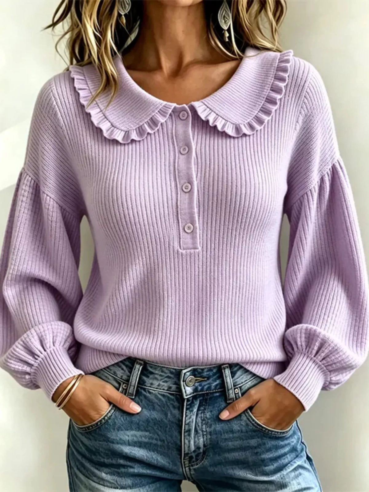Full Size Ruffle Collar Button Detail Sweater Plus Size