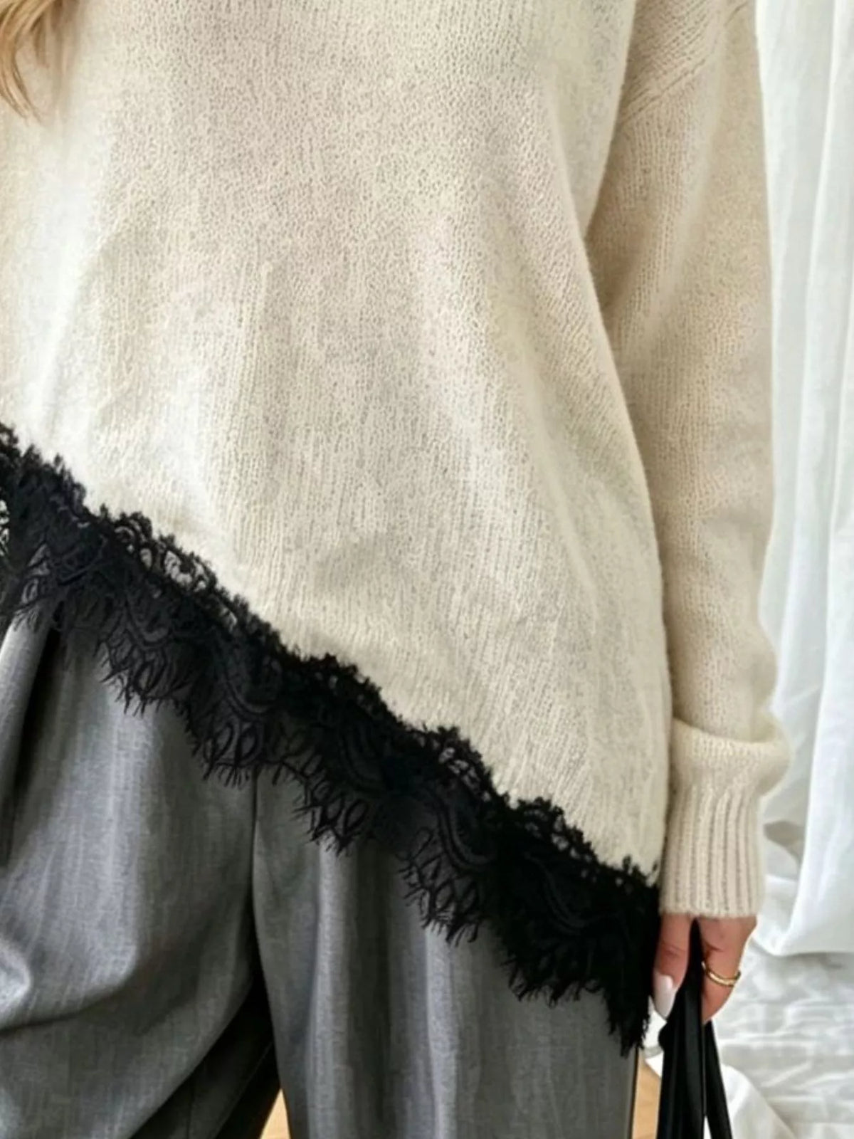 Round Neck Sweater with Asymmetric Lace Hem, view 4