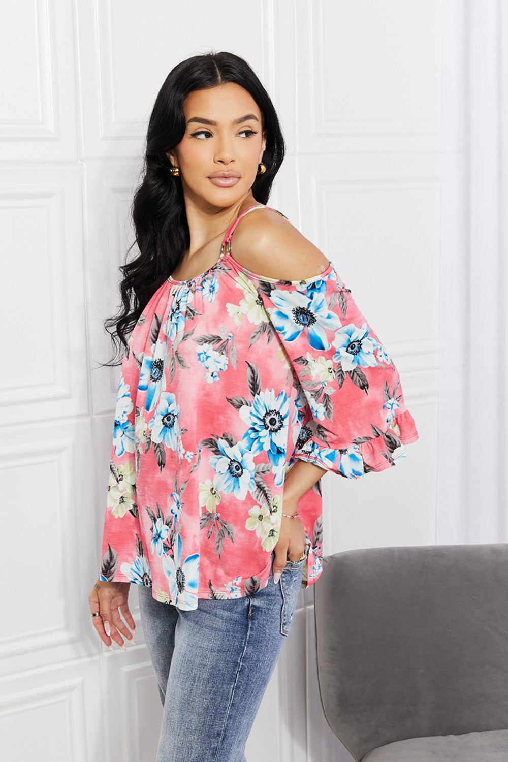 Sew In Love Full Size Fresh Take Floral Cold-Shoulder Top in Hot Pink, view 7