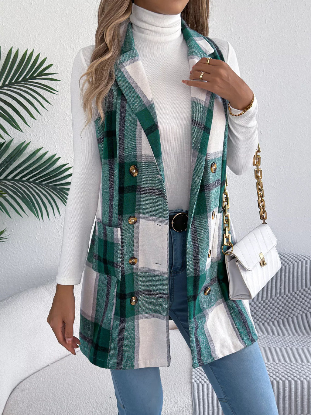Plaid Double-Breasted Vest Coat - Lilixa.store