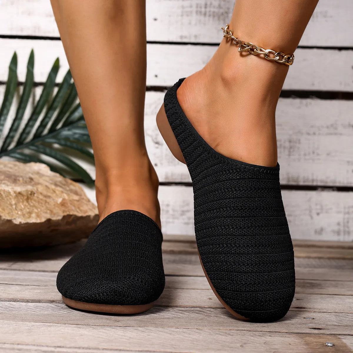 Round Toe Flat Slip-Ons in Black