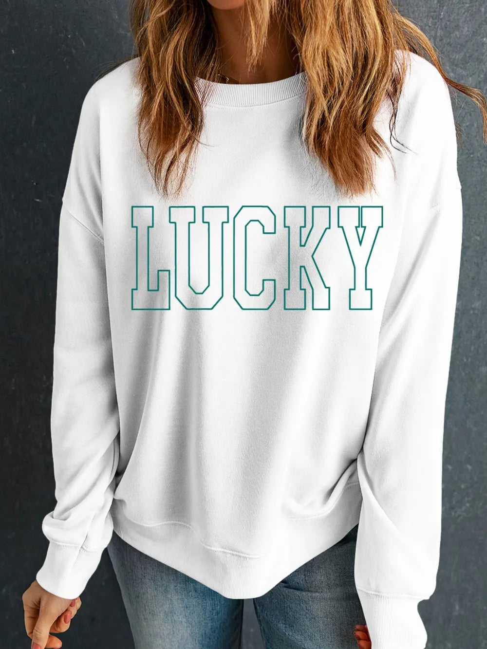 LUCKY Graphic Round Neck Long Sleeve Sweatshirt - Lilixa.store