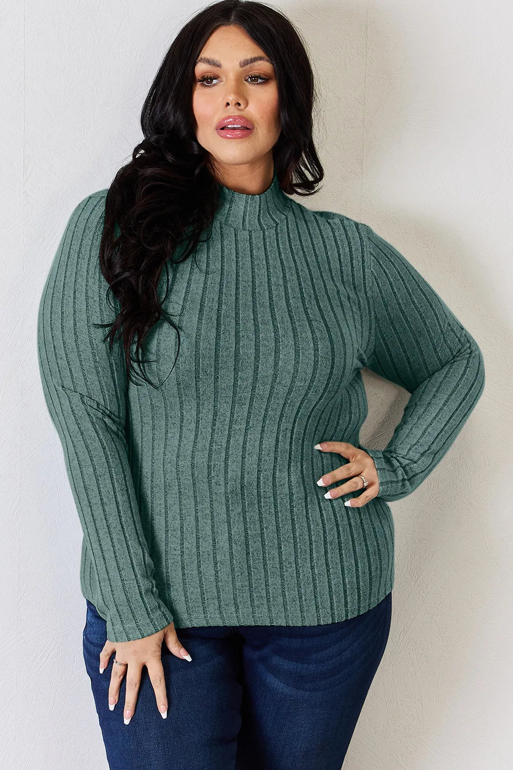 Basic Bae Full Size Ribbed Mock Neck Long Sleeve T-Shirt - Lilixa.store