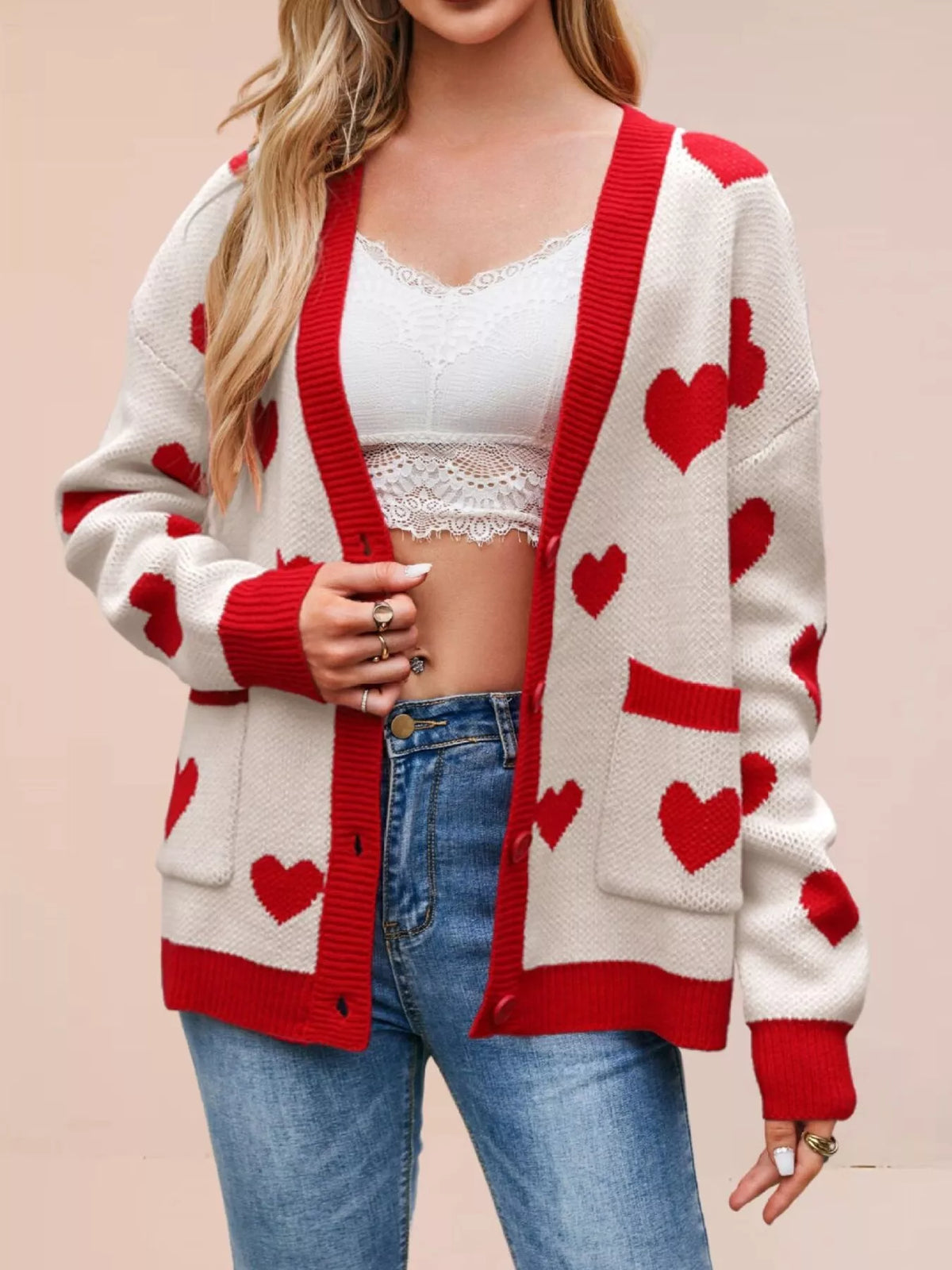 Heart Pattern V-Neck Button-Down Knit Cardigan - Lilixa.store