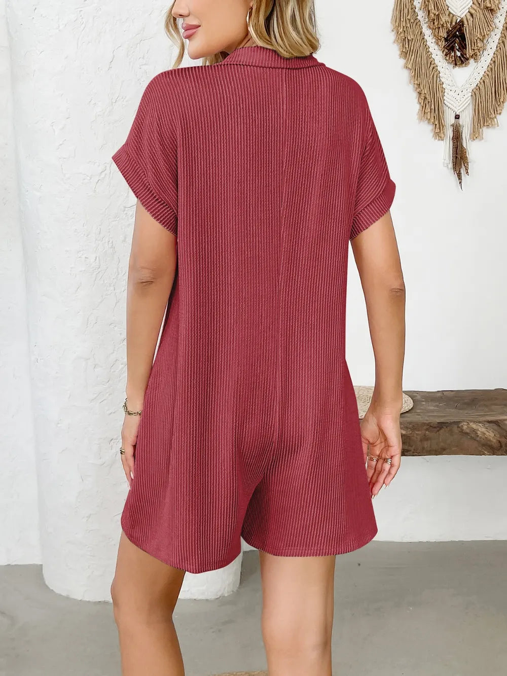 Button Detail Collared Neck Short Sleeve Romper - Lilixa.store