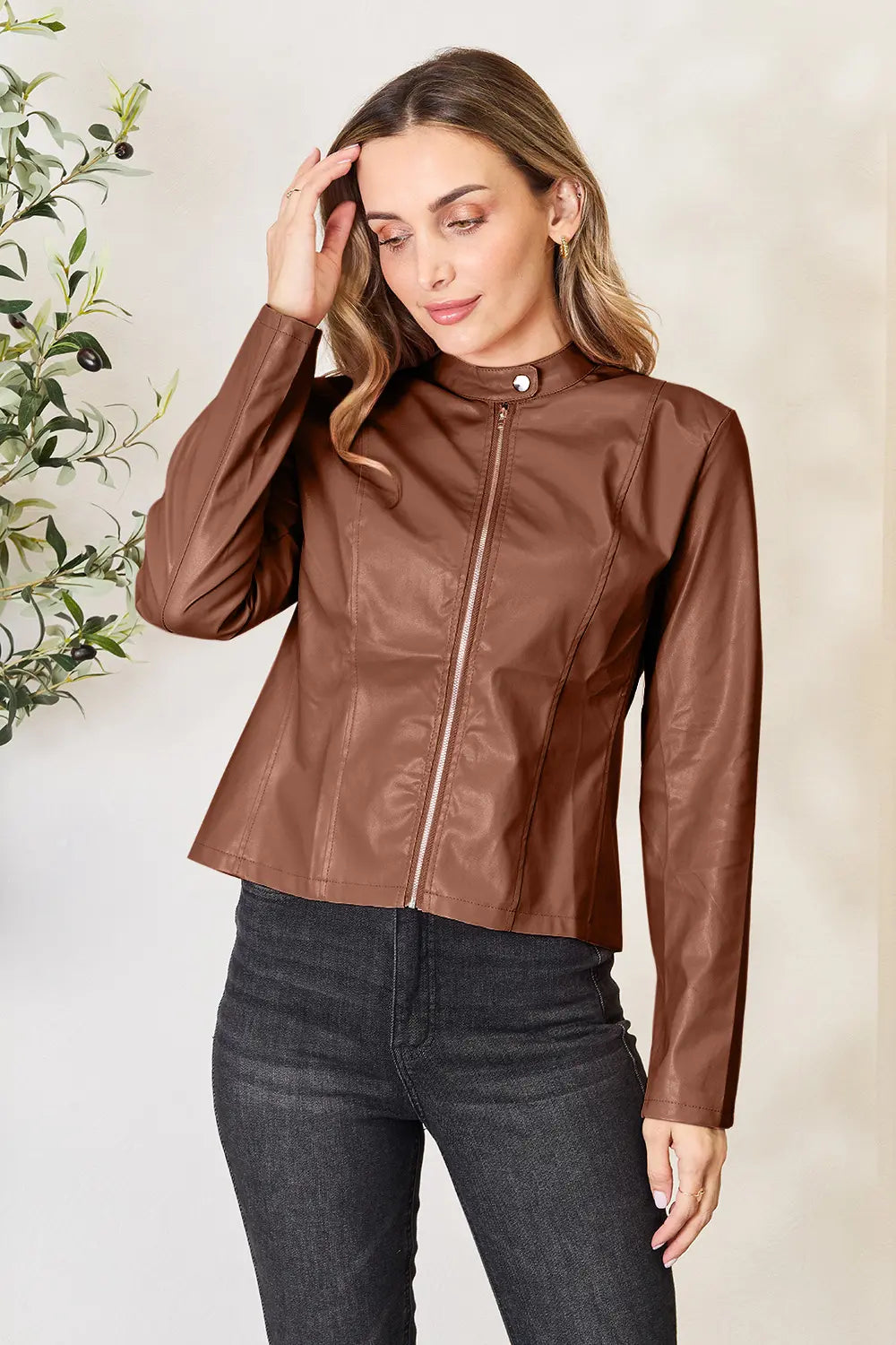 Mock Neck Zip Up Jacket in Red Orange