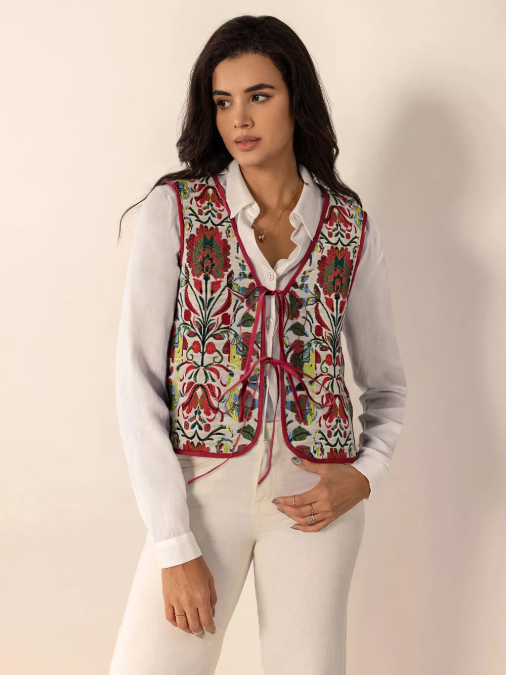 Floral Embroidered Tie-Front Vest Coat - Lilixa.store