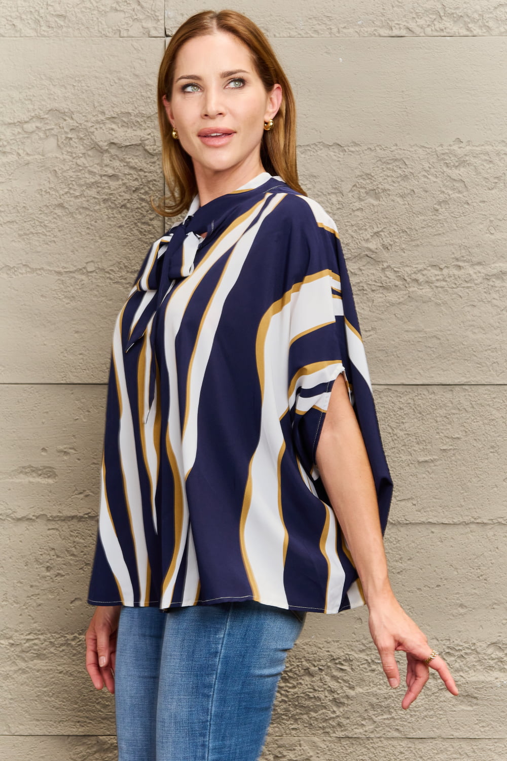Perfee Tie Neck Printed Slit Sleeve Blouse in Multicolor, view 3