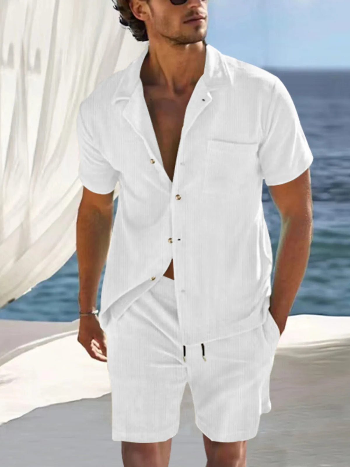 Men's Full Size Button Detail Short Sleeve Top and Shorts Set Plus Size in White