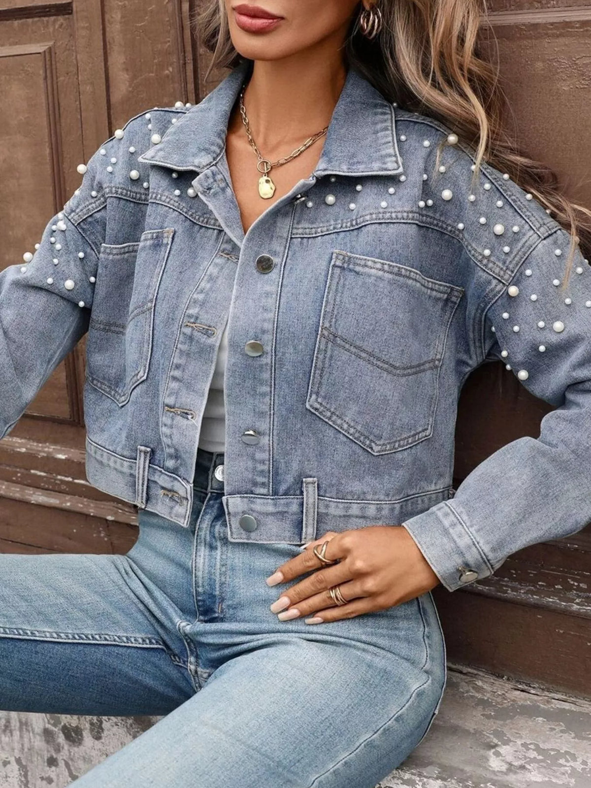 Pearl Embellished Cropped Denim Jacket, view 5
