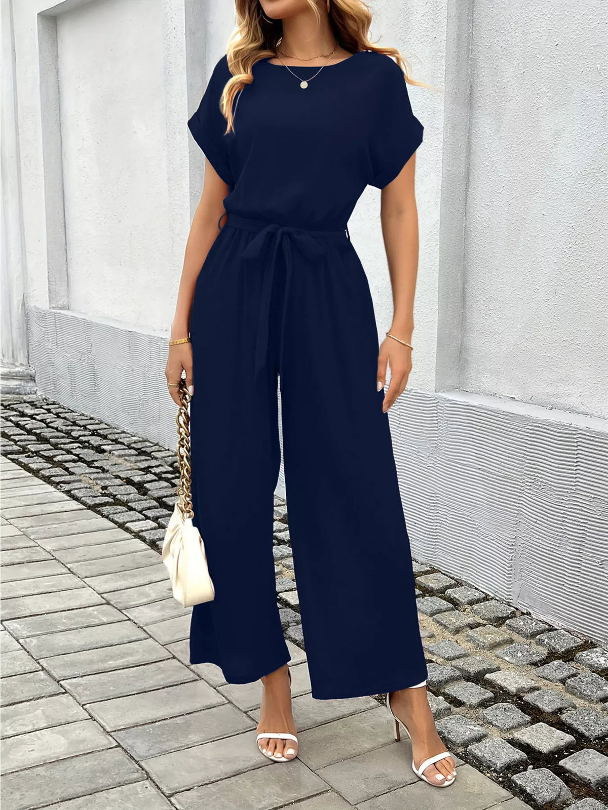 Tie Waist Wide Leg Jumpsuit - Lilixa.store
